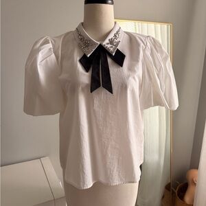 Zara White Puff Sleeve Blouse with Black Ribbon and Embellished Collar